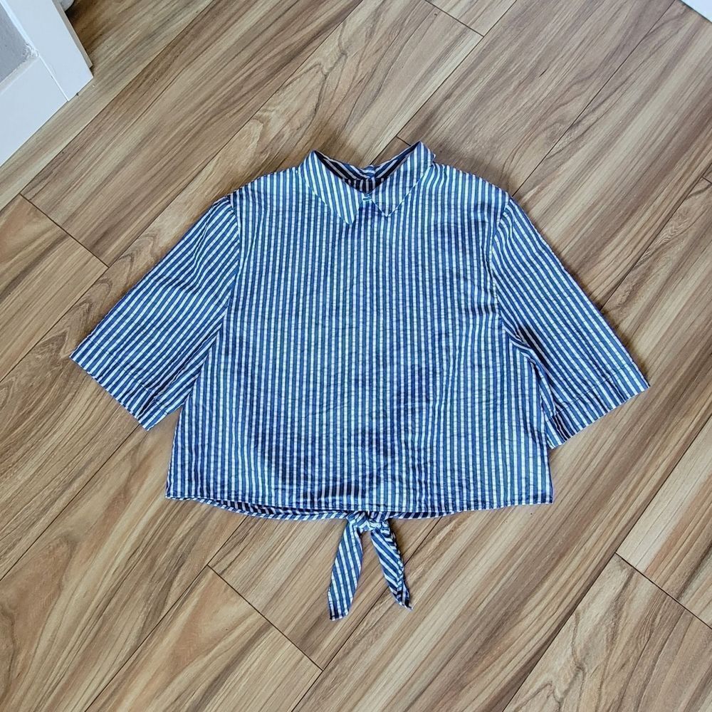 Zara Button Back Waist Tie Seersucker Railroad Stripe Half Sleeve Crop Shirt